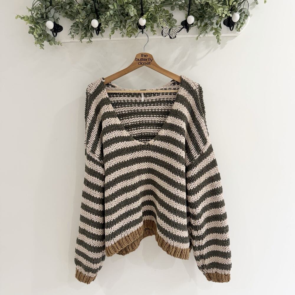 Free People Portland Chunky Knit Striped V Neck Sweater Large CC